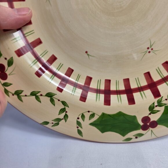 Los Angeles Pottery Laurie Gates Holiday Dinner Plate Green & Red Holly & Plaid - Picture 8 of 14